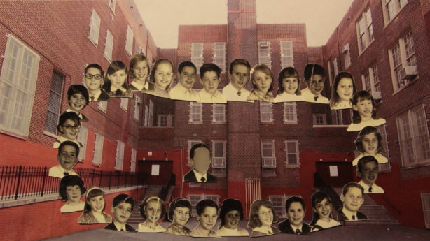 Cut out pictures of children arranged in a circle and superimposed in front of their grade school