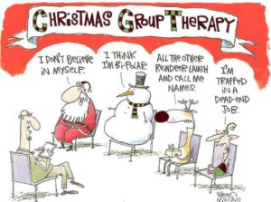 Christmas group therapy with Santa, snow man, a reindeer and an elf