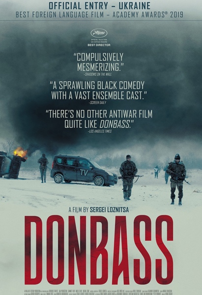 Men in army fatigues holding rifles on snow-covered ground in front 2 trucks, on saying TV, the turned on its side, burning. Emblazoned below is the word DONBASS