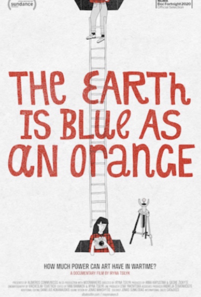 an illustration of a girl with a camera on a ladder below the words THE EARTH IS BLUE AS AN ORANGE