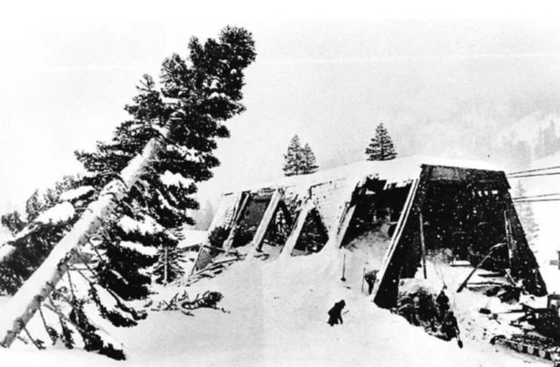 An employee building at Alpine Meadows after being slammed by an avalanche in 1982 