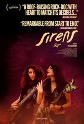 film poster with the title SIRENS above 2 girls dressed all heavy metal shred their guitars out of doors, somewhere in Beirut