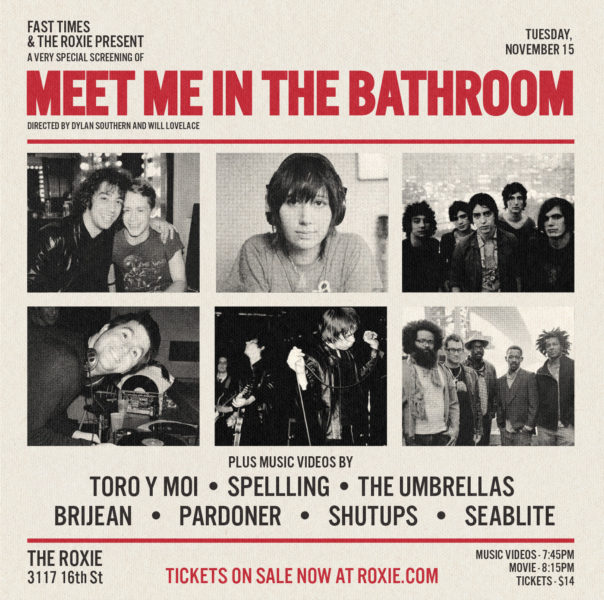 Grey movie poster with red text saying MEET ME IN THE BATHROOM. Six black and white squares below with images from the film. All faces of the band members. 